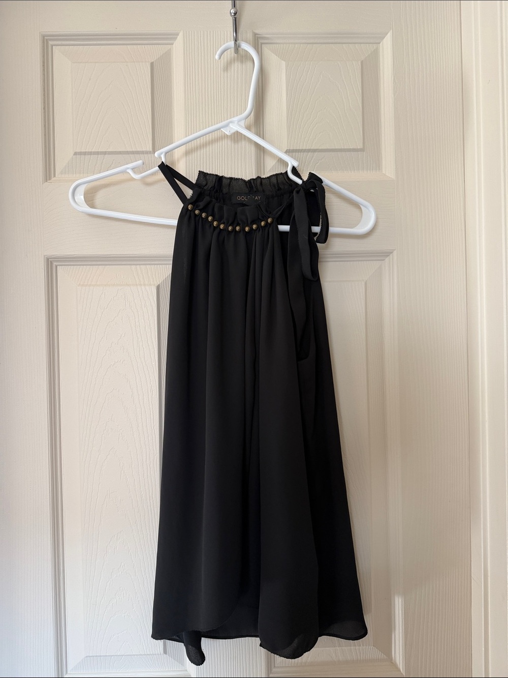 Sleeveless Black Beaded Halter Blouse - Gold Accent